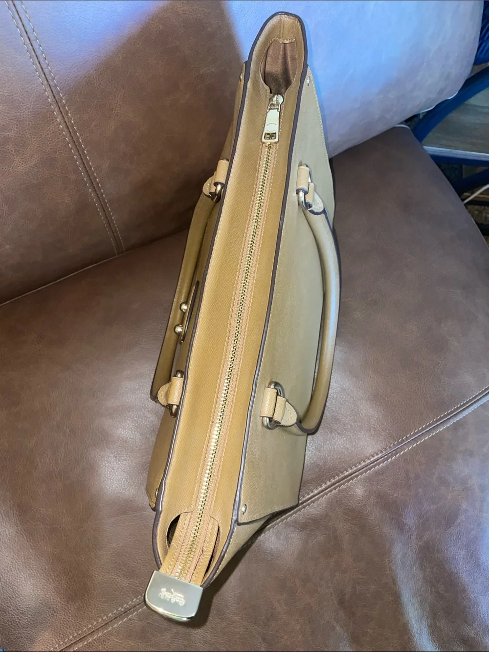 Coach Tan Saffiano Leather Top-Handle Satchel with Gold Hardware w/COA
